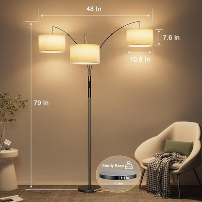 SIBRILLE 36W RGB Arc Floor Lamp with 3 Fabric Shades, 3000LM Super Bright Standing Lamp with Remote Control & Touch, Stepless Dimming, Individual Light Control for Living Room, Bedroom
