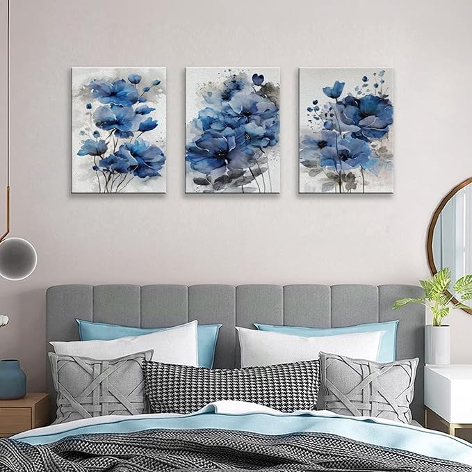 Blue Flowers Canvas Wall Art for Bedroom Home Decor - Artwork for Wall, Abstract Floral Wall Decor Print -Bathroom, Living Room, Kitchen Decor - Ready to Hang 3 Patchwork, 12x16inchx3pcs