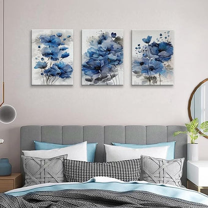 Blue Flowers Canvas Wall Art for Bedroom Home Decor - Artwork for Wall, Abstract Floral Wall Decor Print -Bathroom, Living Room, Kitchen Decor - Ready to Hang 3 Patchwork, 12x16inchx3pcs