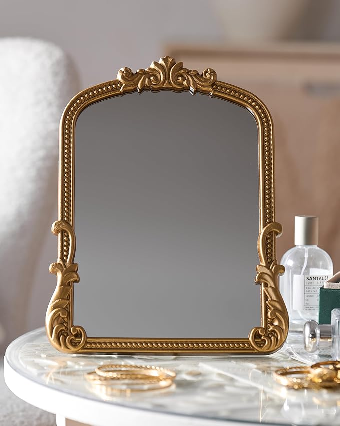 Vintage Vanity Small Mirror with Stand,Gold Decorative Mirrors for Wall,Antique Desk Eclectic Home Dresser Decor Small Mirror,Bathroom, Bedroom, Makeup Desk, Wall Entry,11.6" L x 9.0" W Gold