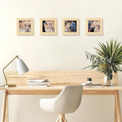 Egofine 4x4 Picture Frames Set of 4, Made of Solid Wood Covered by Plexiglass Display 4x4 for Table Top Display and Wall Mounting Photo Frame, Natural Wood