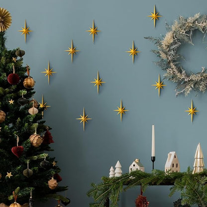 MidModArt 16PCS Mid Century Modern 3D Star Wall Art Gold Retro Starburst Sculptures Vintage Celestial Home Decor, Gold Starburst-Combo