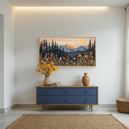 Houria Mid Century Woodland Mountain Framed Canvas Wall Art Set,Vintage Natural Sunset Wildflower Forest Field Decor,Wilderness Boho Floral Pine Tree Landscape Artwork for Living Room,Office-20"x40"x1