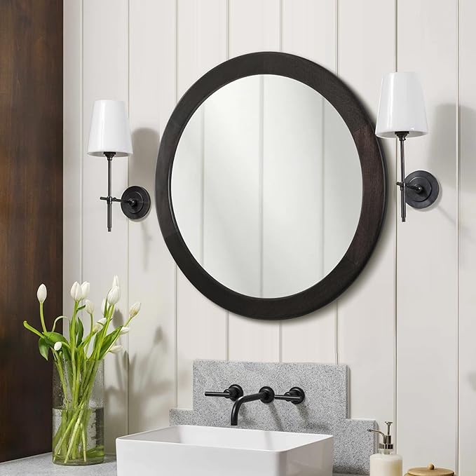Round Mirrors 24 Inch,Wood Vanity Wall Rustic Mirror with Wood Frame, Wooden Circle Mirror for Bathroom Bedroom Living Room Or Entryway(Dark Walnut Brown)