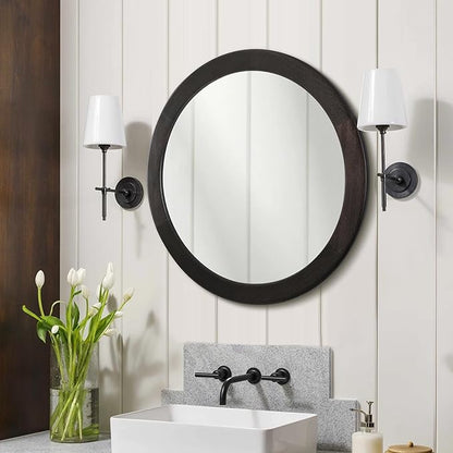 Round Mirrors 24 Inch,Wood Vanity Wall Rustic Mirror with Wood Frame, Wooden Circle Mirror for Bathroom Bedroom Living Room Or Entryway(Dark Walnut Brown)