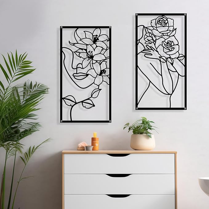 Zzbakress 4 Pcs Metal Minimalist Abstract Woman and Flower Wall Art Single Line Drawing Art Decor Minimalist Home Hanging Wall Decor for Bedroom Bathroom Living Room (style1, Black)