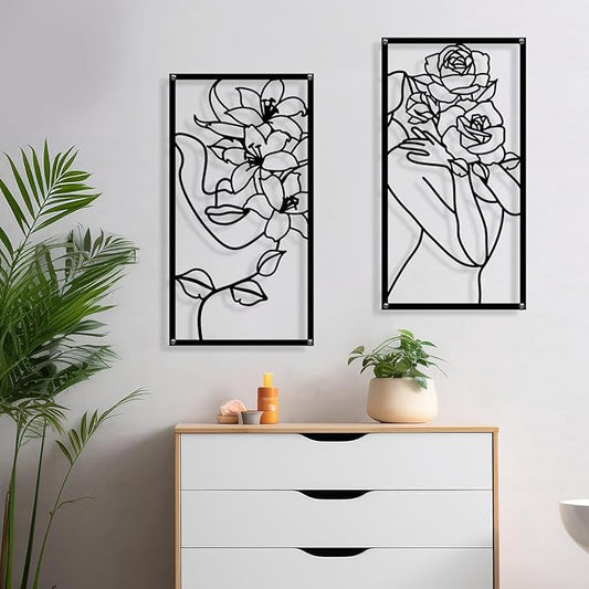 Zzbakress 4 Pcs Metal Minimalist Abstract Woman and Flower Wall Art Single Line Drawing Art Decor Minimalist Home Hanging Wall Decor for Bedroom Bathroom Living Room (style1, Black)