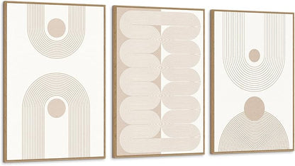SAFERRYHOME Large Boho Abstract Wall Art Set of 3, Mid Century Neutral Framed Canvas Print Beige Modern Wall Decor, Geometric Line Artwork for Living Room Bedroom Office,Ready to Hang, 24"x36"