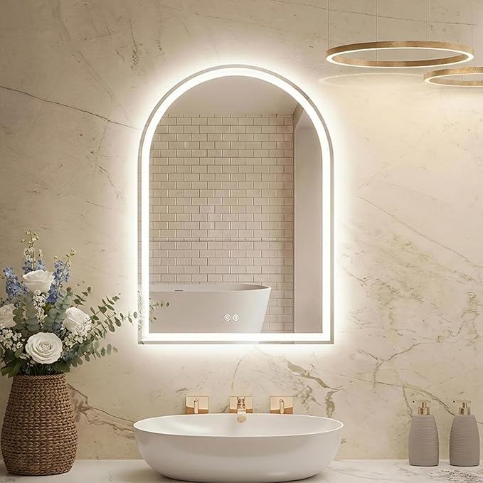 DUMOS 24"×32" LED Bathroom Mirror with Lights, Arched Vanity Mirror with Anti-Fog, Dimmable, 3-Color Light, Memory Function, Front Light and Backlit, Tempered Glass