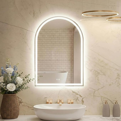 DUMOS 24"×32" LED Bathroom Mirror with Lights, Arched Vanity Mirror with Anti-Fog, Dimmable, 3-Color Light, Memory Function, Front Light and Backlit, Tempered Glass