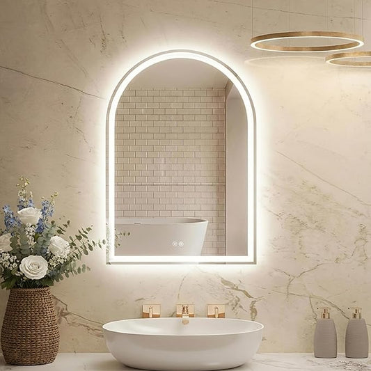 DUMOS 24"×32" LED Bathroom Mirror with Lights, Arched Vanity Mirror with Anti-Fog, Dimmable, 3-Color Light, Memory Function, Front Light and Backlit, Tempered Glass