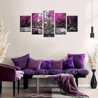 AWLXPHY Decor Buddha Waterfall Wall Art Canvas Painting Framed 5 Panels for Living Room Decoration Modern Landscape Buddha Water Trees Zen Stretched Artwork Giclee (Purple, 60''x30'')