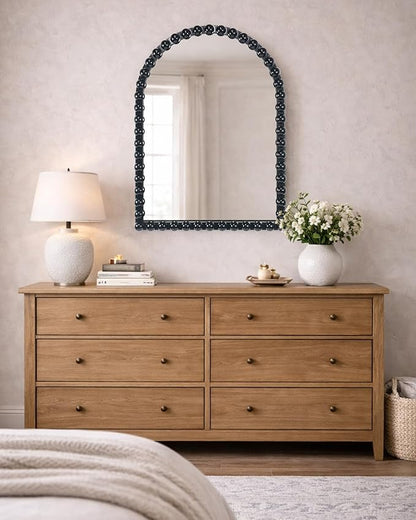 Black Beaded Arched Wall Mirror 22x30 Inch, Vintage Decorative Arch Mirror with Beaded Frame, Accent Mirror for Entryway, Bathroom, Living Room, Bedroom, Fireplace