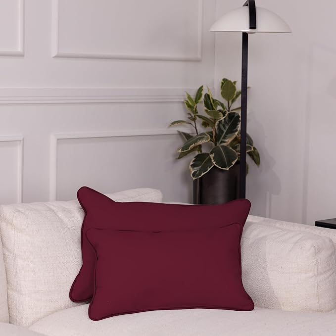 FDP 12" x 20" Velvet and Vinyl Rectangle Lumbar Pillow Set with Piping Decorative Throw Pillow for Home Décor in Living Room, Bedroom or Lounge (2-Pack) - Bordeaux, 15163-349