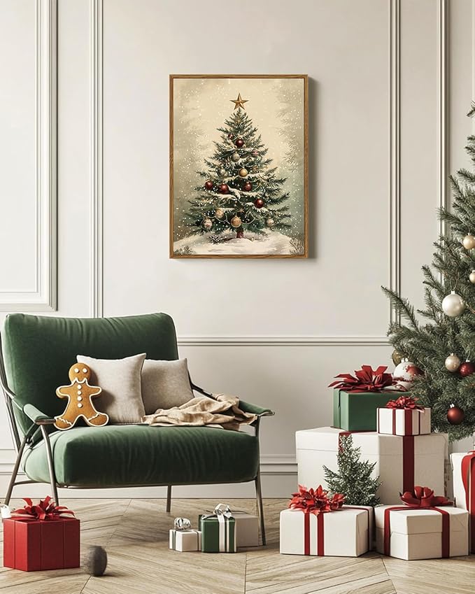 VIYYIEA Framed Canvas Wall Art Home Decor for Living Room, Vintage Christmas Tree Pictures, Christmas Decorations Indoor, Winter Wall Decor Gifts for Friends or Family - 16L x 12W