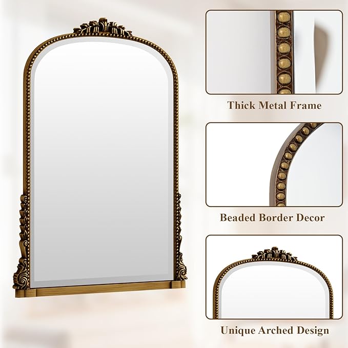 28"×40" Gold Wide Arched Wall Mirror, Vintage Carving Bathroom Vanity Makeup Mirror, as Wall Decor Hanging Leaning for Fireplace Mantle, Living Room, Bedroom, Vanity Area