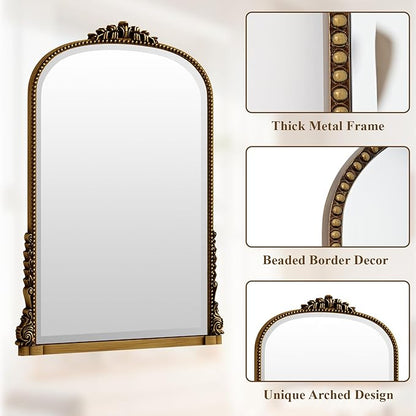 28"×40" Gold Wide Arched Wall Mirror, Vintage Carving Bathroom Vanity Makeup Mirror, as Wall Decor Hanging Leaning for Fireplace Mantle, Living Room, Bedroom, Vanity Area