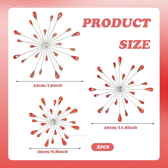 ZEXUIRU 4 Pcs Red Starburst Wall Decor Metal Bling Wall Art Crystal Accents 3D Modern Decoration Glam Hanging Sculptures for Living Room Bedroom Office Teen Girl Room – Easy to Hang Home Decor Set