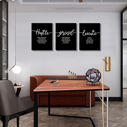 Office Decor - Hustle Quotes Execute Prints, Framed Canvas Wall Art Grind Quote, Office Wall Art, Black Large Poster, Positive MotivationalPrints, Inspirational Print (F-3pcs,12x16inchx3pcs)