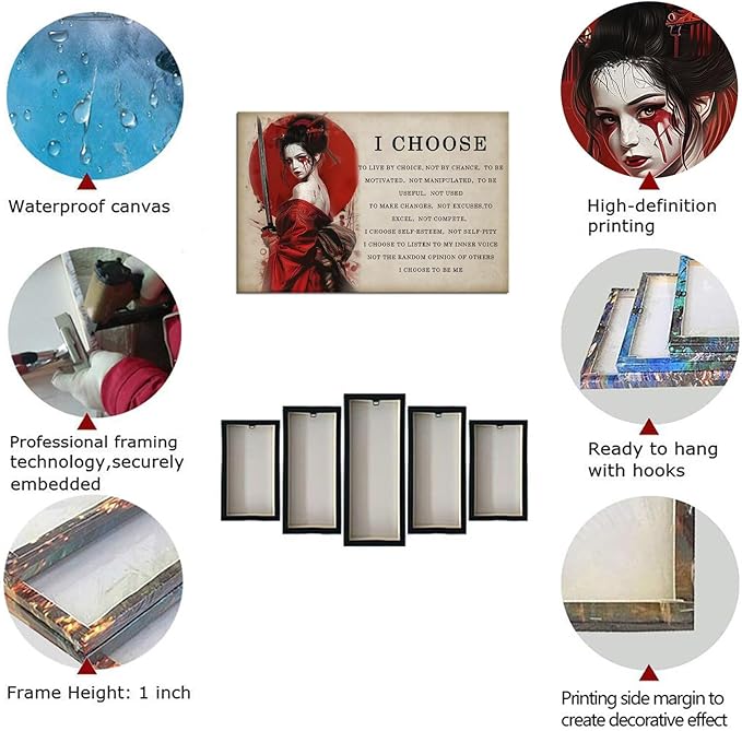Motivational Japanese Geisha Canvas Wall Art Prints Red Moon Wall Decor Samurai Painting Inspirational Quotes I Choose Poster Framed for Hotel Living Room Bedroom Framed (28''W x 44''H)