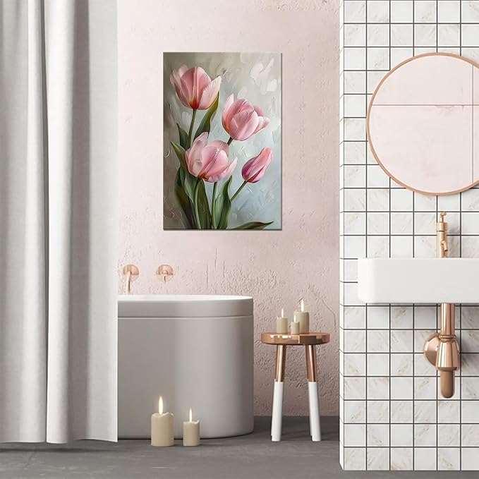 Tulips Wall Art Flowers Pictures Pink Bathroom Decor Modern Spring Floral Paintings Canvas Prints Artwork for Living Room Bedroom Home Decoration Framed