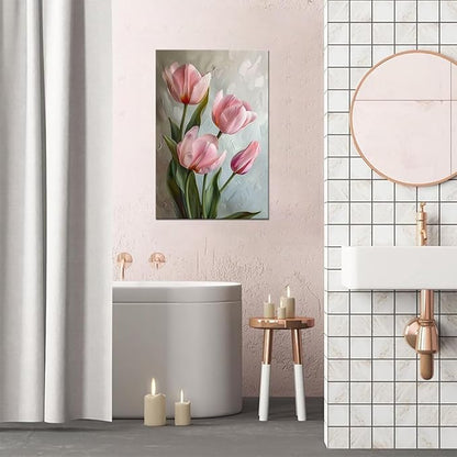 Pink Bathroom Decor Tulips Wall Art Flowers Pictures Modern Floral Paintings Canvas Prints Artwork for Living Room Bedroom Home Decoration Framed
