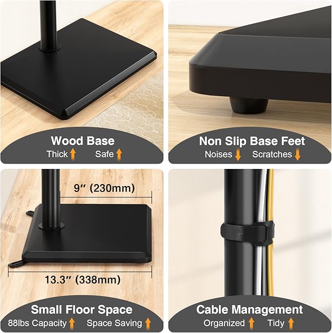 TVON Universal Floor TV Stand with Mount for Most 32-65 Inch TVs up to 88lbs, Height Adjustable TV Floor Stand with Wood Base for Space Saving, Tall Floor TV Stand for Bedroom, Corner & Living Room
