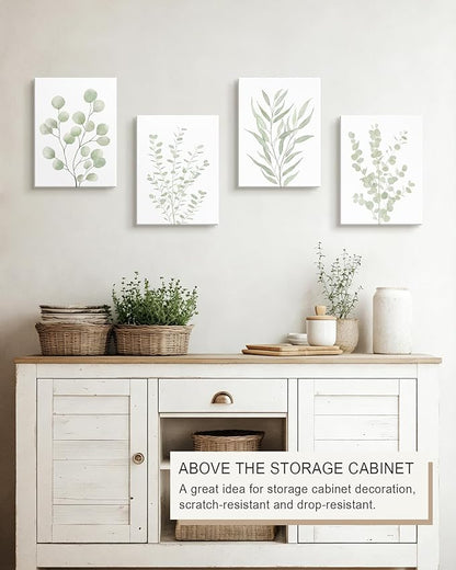Drsoum Botanical Plant Framed Wall Art Boho Wall Decor for Bathroom Sage Green Eucalyptus Leaf Prints Minimalist Aesthetic Ready to Hang Set of 4, 12x16 in (Framed)