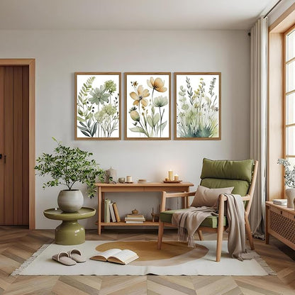 Sage Green Botanical Wall Art Boho Floral Wall Decor Minimalist Plant Canvas Pictures Flower Botanical Prints Watercolor Wildflower Poster Painting for Bathroom Bedroom 12x16x3 Inch Wood Frame