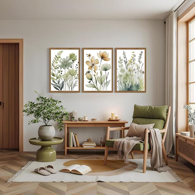 Sage Green Botanical Wall Art Boho Floral Wall Decor Minimalist Plant Canvas Pictures Flower Botanical Prints Watercolor Wildflower Poster Painting for Bathroom Bedroom 24x36x3 Inch Wood Frame