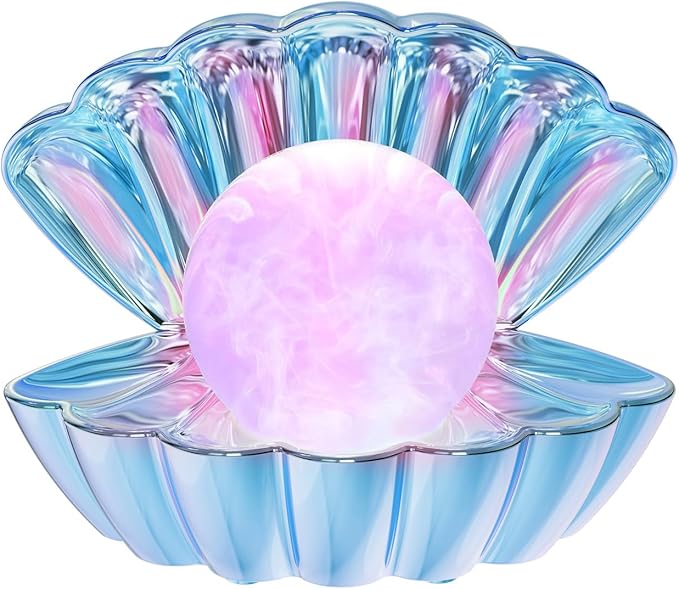 LKUA Shell Pearl Beach Themed Night Light, RGB 8 Colors Changing Mood Shell Pearl Lamps, Bedside LED Clamshell Portable Night Lights for Bar (Electroplating Blue)