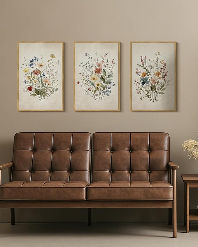 Drsoum Vintage Flower Bouquet Framed Retro Wildflower Botanical Pictures Prints Modern Colorful Floral Rustic Artwork Bedroom Living Room Ready to Hang 16x24in Natural Framed