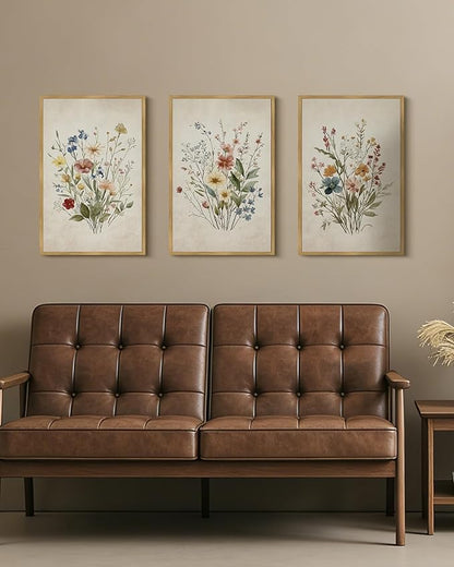 Drsoum Vintage Flower Bouquet Framed Retro Wildflower Botanical Pictures Prints Modern Colorful Floral Rustic Artwork Bedroom Living Room Ready to Hang 16x24in Natural Framed
