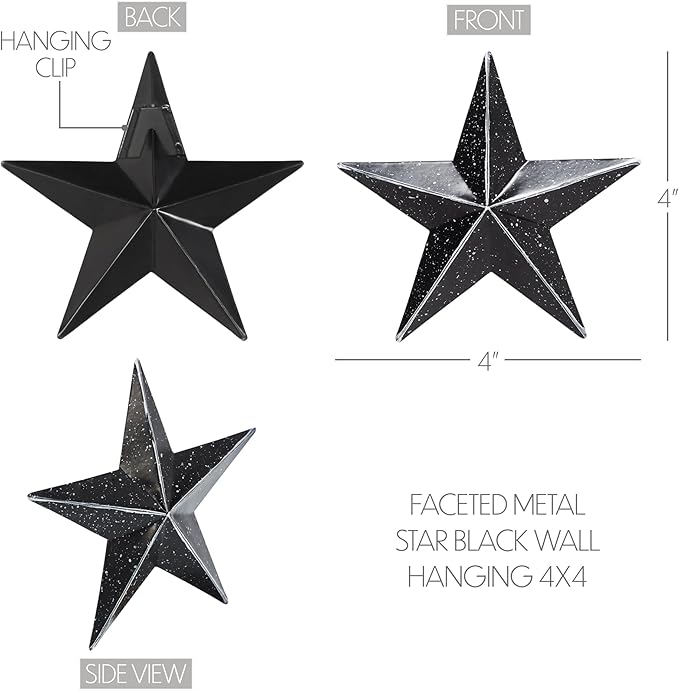 VHC Brands Patriotic Faceted Metal Star Black Wall Hanging 4x4, Independence Day Decor, American Star Design, Distressed Appearance Metal Wall Hanging, Star Shape, Country, Charcoal Black
