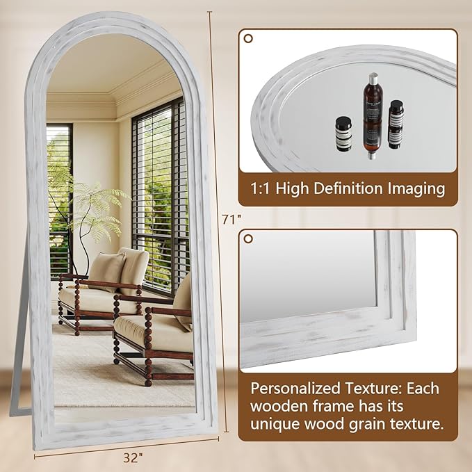 MELOMOIR Arched Full Length Mirror with Solid Wood Frame, 71"x32" Rustic Farmhouse Large Floor Mirror with Stand, Free Standing Leaning Hanging, for Bedroom Living Room Dressing Room, Weathering White