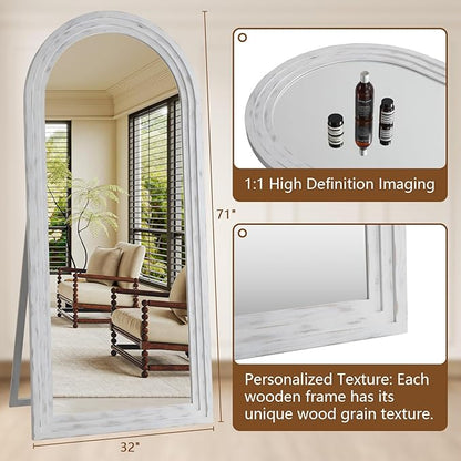 MELOMOIR Arched Full Length Mirror with Solid Wood Frame, 71"x32" Rustic Farmhouse Large Floor Mirror with Stand, Free Standing Leaning Hanging, for Bedroom Living Room Dressing Room, Weathering White
