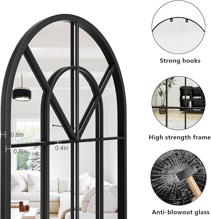 Arched Window Wall Mounted Mirror, 42"x24", Arched Window Pane Mirror Decorative for Entryway, Wall Decor Mirror for Bathroom Vanity, Living Room or Bedroom, Iron Frame, Black