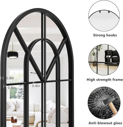 Arched Window Wall Mounted Mirror, 42"x24", Arched Window Pane Mirror Decorative for Entryway, Wall Decor Mirror for Bathroom Vanity, Living Room or Bedroom, Iron Frame, Black
