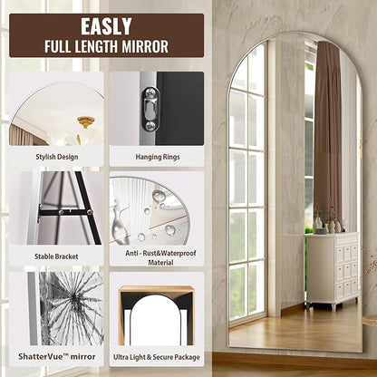 Easly Arched Full-Length Mirror, 34"x76" Arch Floor Mirror with Stand, Wall-Mounted Mirror for Bathroom, Dressing Room - Hanging or Leaning - Full Body Mirrors for Bedroom, Silver
