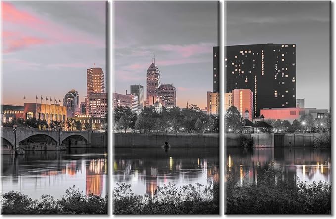 TUMOVO 3 Piece American Cityscape Black and White Wall Art Indianapolis Indiana USA Skyline on the White River at Dusk Artwork Wall Decor for Bedroom Framed Ready to Hang (42" Wx28 H)