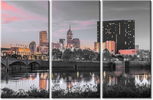 TUMOVO 3 Piece American Cityscape Black and White Wall Art Indianapolis Indiana USA Skyline on the White River at Dusk Artwork Wall Decor for Bedroom Framed Ready to Hang (42" Wx28 H)