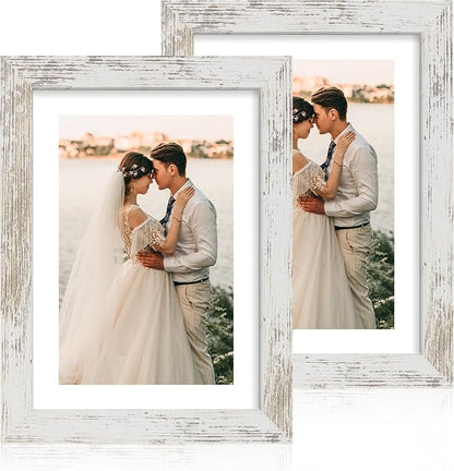 iRahmen 7x10 Picture Frame - High Definition Real Glass Wooden Photo Frames for Tabletop Display and Wall Mounting (Distressed-White, Set of 2)