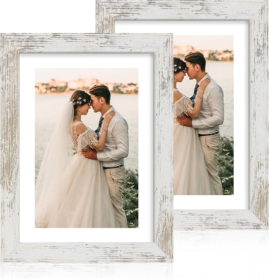 iRahmen 7x10 Picture Frame - High Definition Real Glass Wooden Photo Frames for Tabletop Display and Wall Mounting (Distressed-White, Set of 2)