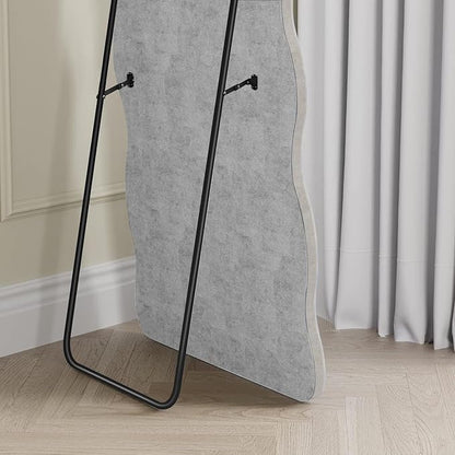 Dewfig Full Length Mirror, 63" x 24"Irregular Wavy Mirror, Large Floor Length Mirrors Wall Mounted, Standing Wavy Mirrors with Flannel Wrapped Wooden Frame for Bedroom/Living Room, White