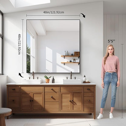 YIROMAN Bathroom Mirror 48"x48", Large Brushed Silver Bathroom Mirror for Over Sink with Aluminum Frame, Rectangular Vanity Mirror with Right Angle, Wall Mirror Hangs Horizontal or Vertical