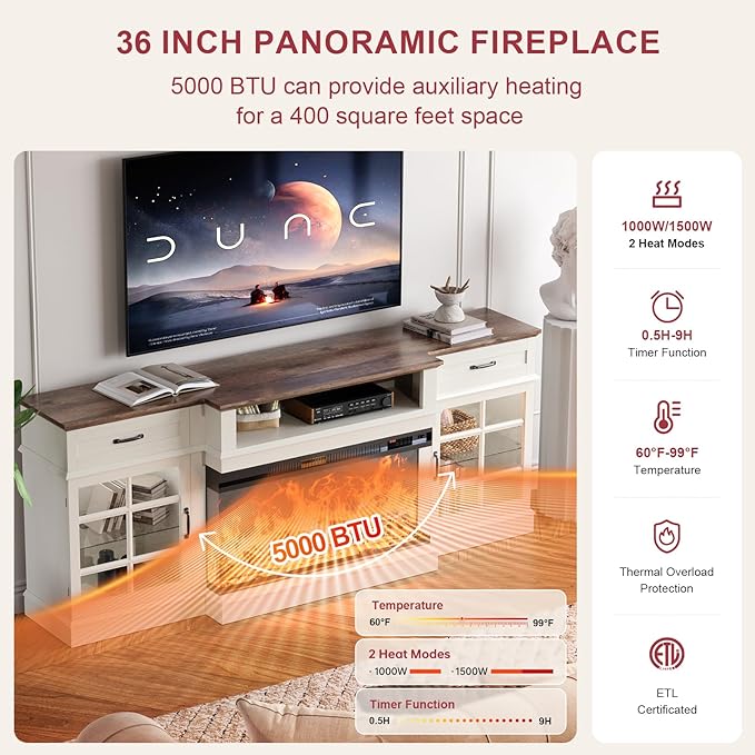 80" TV Stand with 36" Electric Fireplace, Entertainment Center Console Table for TV up to 90'', Fireplace TV Stand with Open Storage Shelves and Glass Door for Living Room, White