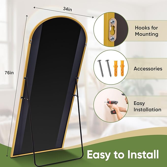 Arched Full Length Mirror 76 x 34 Inch, Full Body Mirror with Stand, Standing Hanging or Leaning Against Wall, Metal Frame Floor Mirror for Bedroom, Living Room, Cloakroom,Gold
