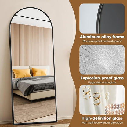 Sweetcrispy 71"x26" Arched Full Length Mirror, Full Body Mirror with Aluminum Alloy Thin Frame, Leaning or Standing, Suitable for Bedroom, Livingroom, Cloakroom, Black