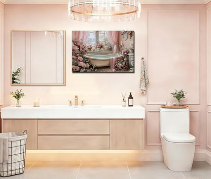 Frimeeme Vintage Pink Roses Bathtub Canvas Wall Art, Luxury Floral Bathroom Decor, for Bathroom Farmhouse Laundry Room Powder Room,16x24 Inches, Framed
