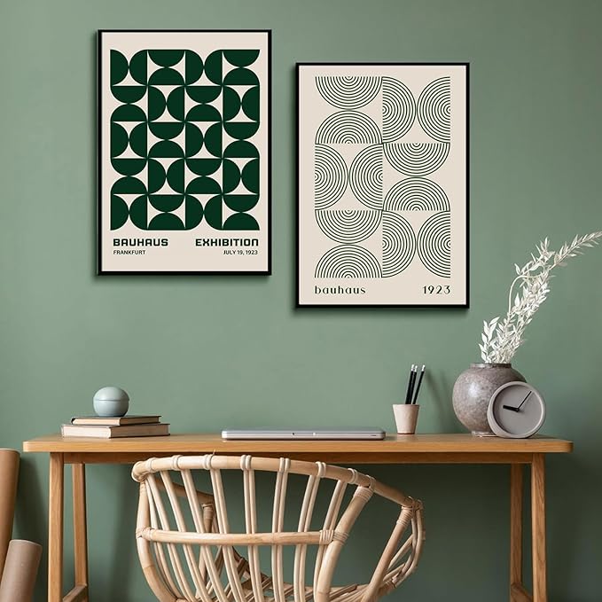 2Pcs Bauhaus Mid Century Modern Wall Art Retro Exhibition Posters Prints Green Boho Geometric Abstract Minimalist Wall Decor Pictures for Bedroom iving Room Dining Room UNFRAMED (Green, 16x24in)